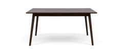 Rektangulært spisebord i mørkebrunt træ med slanke, tilspidsede ben, frontvisning.