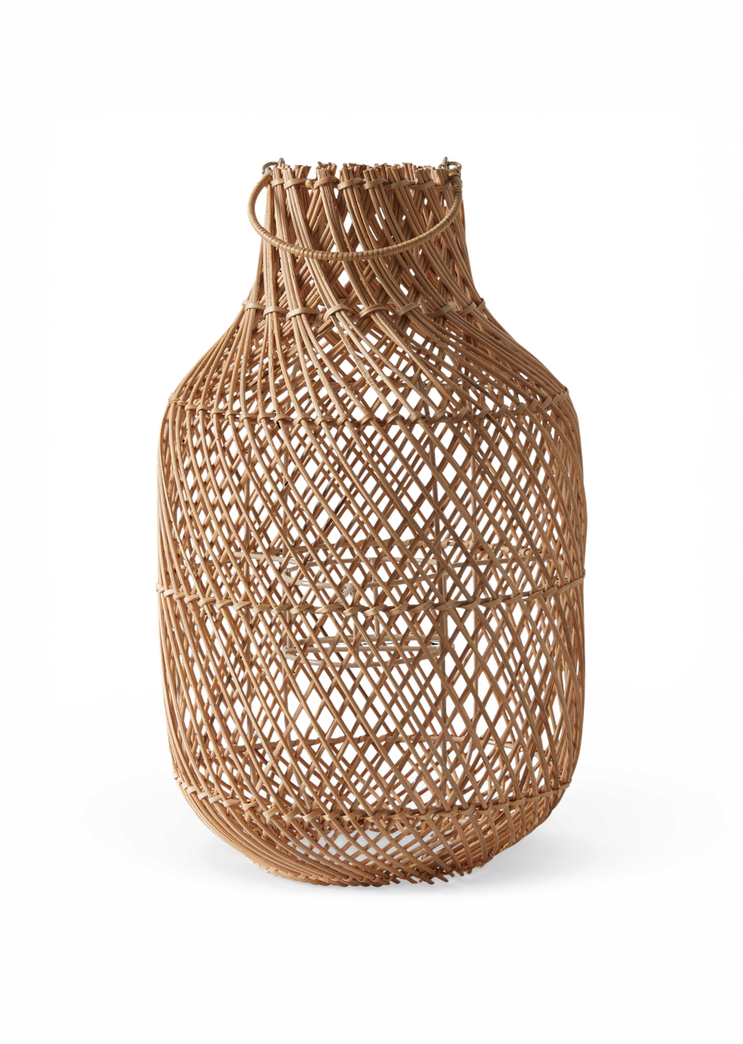 Flettet rattan vase/kurv i naturfarve med rund form.