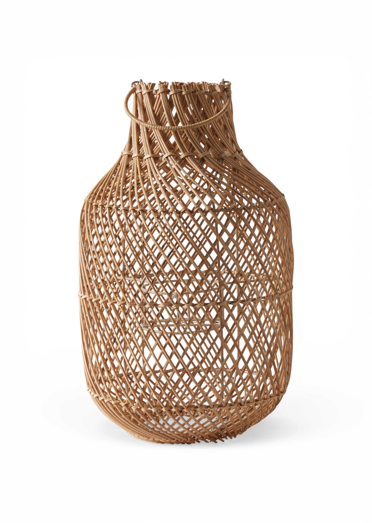 Flettet rattan vase/kurv i naturfarve med rund form.
