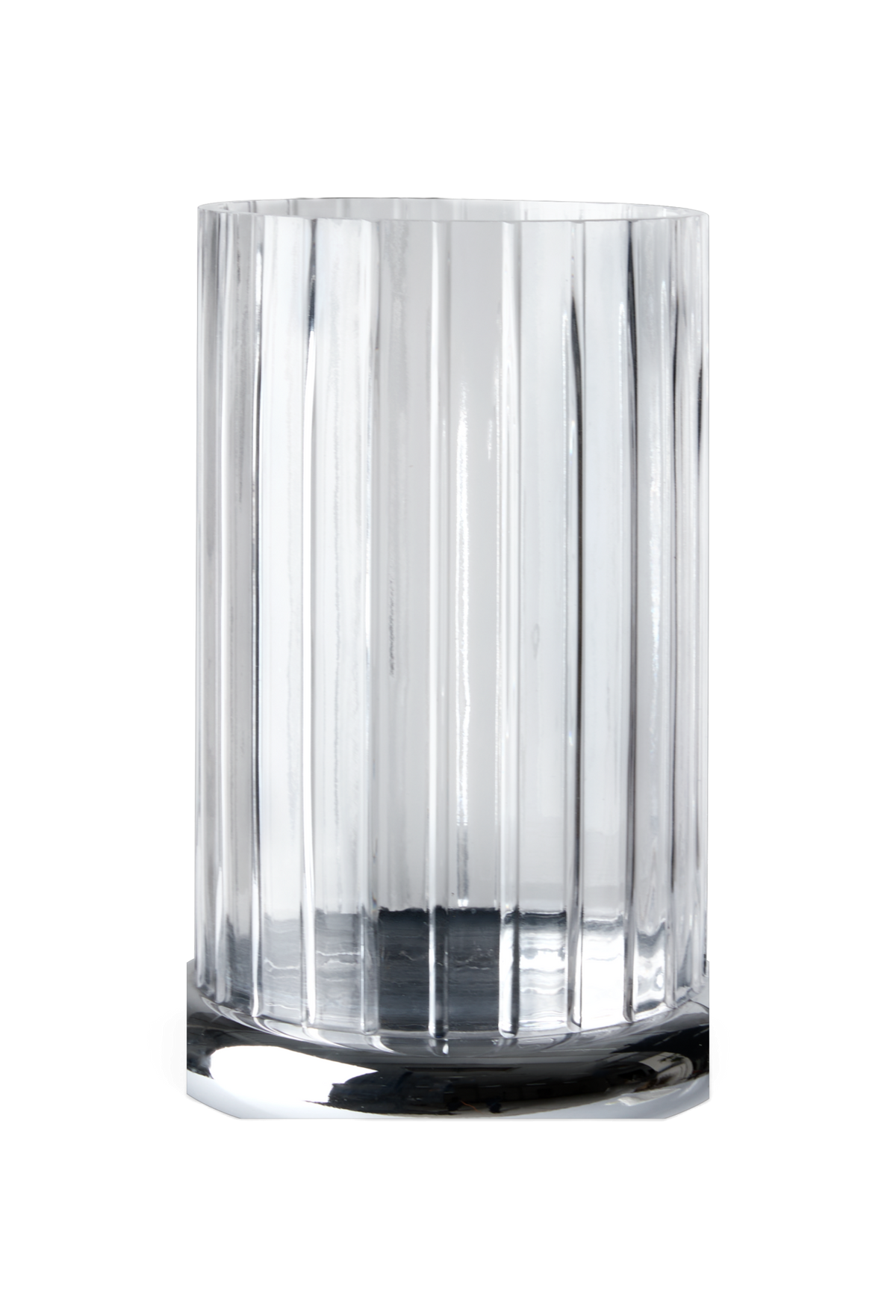 Riflet cylindrisk glasvase i klart glas, fritlagt produktfoto.