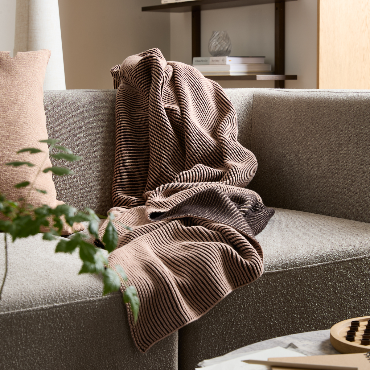 Stribet strikket plaid i beige og mørkebrun ligger over en lysegrå sofa med pude; plante og hylde med bøger i baggrunden.