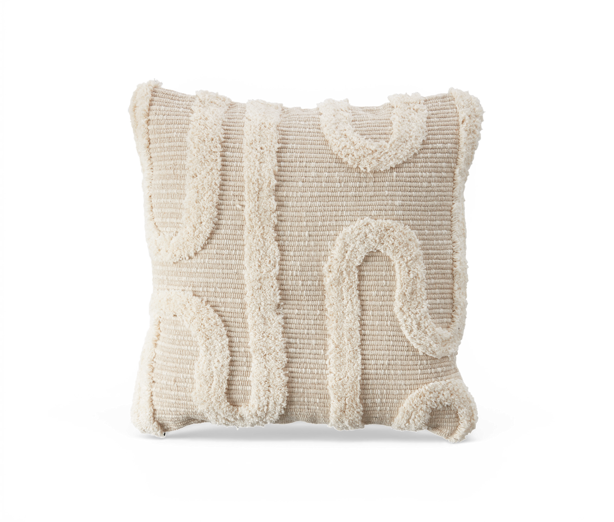 Beige pude med tuftet geometrisk mønster.