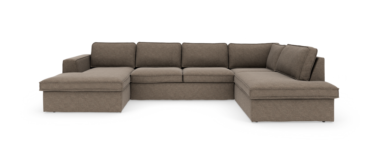 U-formet modulsofa i brun tekstil med chaiselong på begge sider, frontvisning på hvid baggrund.