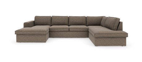U-formet modulsofa i brun tekstil med chaiselong på begge sider, frontvisning på hvid baggrund.