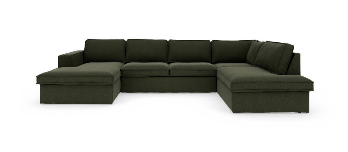 Mørkegrøn U-formet modulsofa med chaiselong i begge ender, frilagt på hvid baggrund.