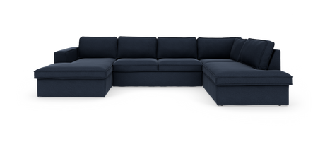 Mørkeblå U‑sofa med chaiselonger i begge ender, frilagt på hvid baggrund.
