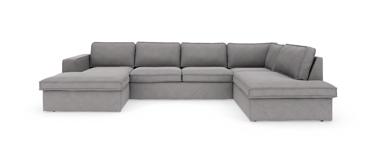 Grå U‑formet modulsofa med chaiselong i begge ender, frilagt på hvid baggrund.