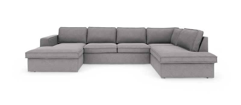 Grå U‑formet modulsofa med chaiselong i begge ender, frilagt på hvid baggrund._ps