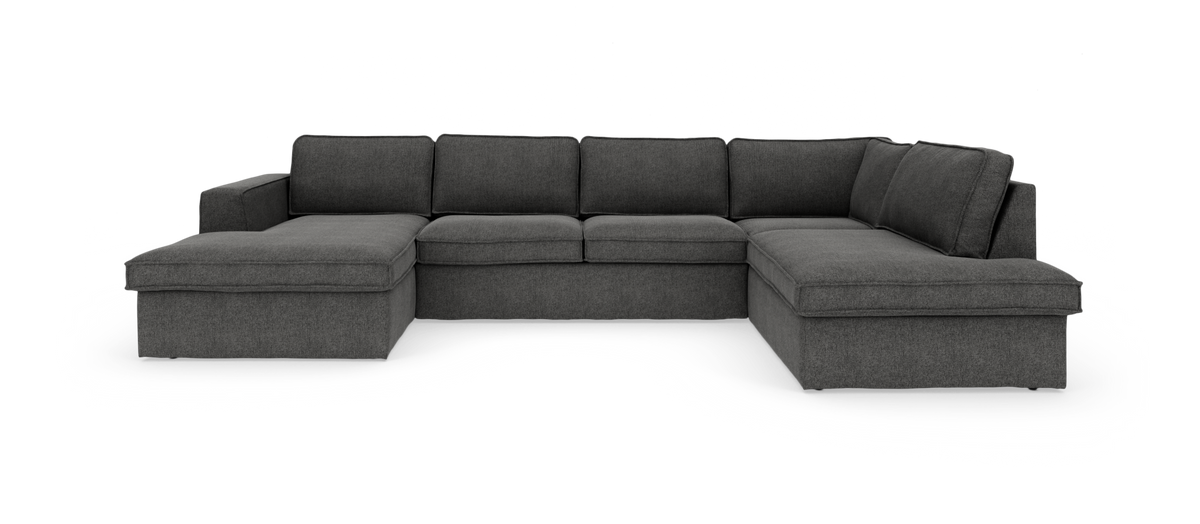 Mørkegrå U-sofa med chaiselong i begge ender, frilagt på hvid baggrund.