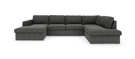 Mørkegrå U-sofa med chaiselong i begge ender, frilagt på hvid baggrund.