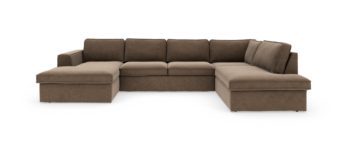 Brun U‑formet modulsofa med chaiselong i både venstre og højre side, frilagt på hvid baggrund.