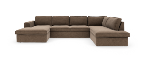 Brun U‑formet modulsofa med chaiselong i både venstre og højre side, frilagt på hvid baggrund.