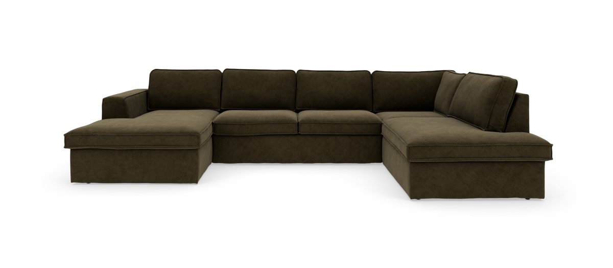 Stor U-formet modulsofa i mørk olivenbrunt stof med chaiselong i begge ender.