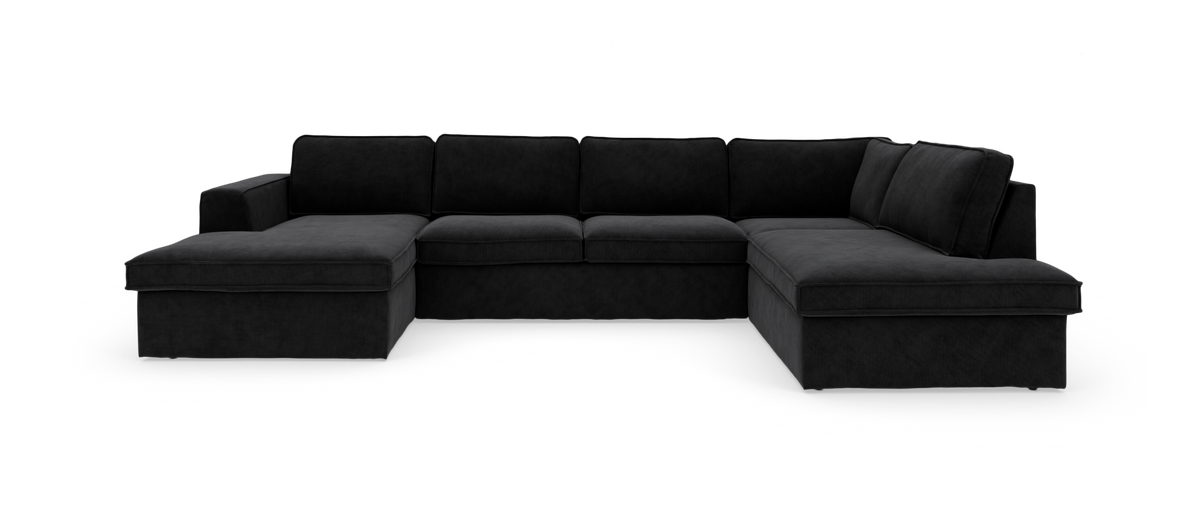 Sort U-formet hjørnesofa med chaiselong i begge ender, fritlagt på hvid baggrund.