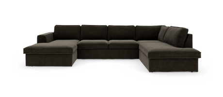 Stor U‑formet modulsofa i mørk antracit med chaiselonger i begge ender, set forfra.