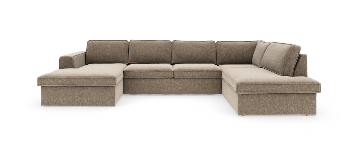 Beige U-formet modulsofa med chaiselong i begge ender, fritstående mod hvid baggrund.