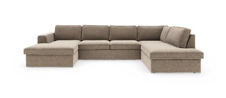 Beige U-formet modulsofa med chaiselong i begge ender, fritstående mod hvid baggrund.