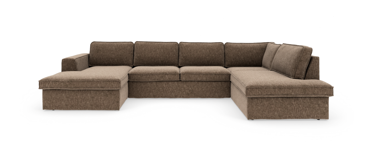 Brun U-formet hjørnesofa med chaiselong i både venstre og højre side, fritlagt mod hvid baggrund.
