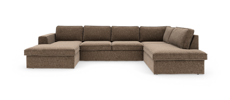 Brun U-formet hjørnesofa med chaiselong i både venstre og højre side, fritlagt mod hvid baggrund.