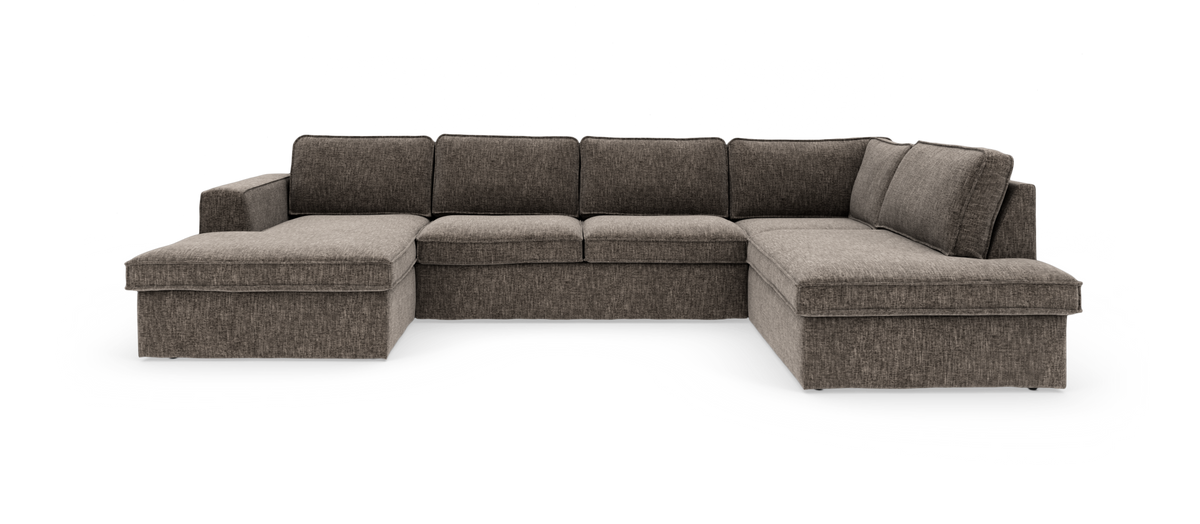 Modulsofa i mørkegråt stof med chaiselong i begge sider, U‑formet.