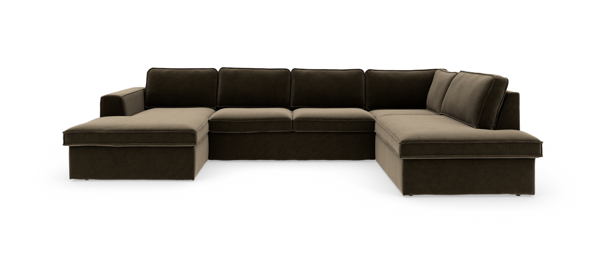 Stor U-formet modulsofa i mørkebrun og beige polstring med chaiselong i begge sider.