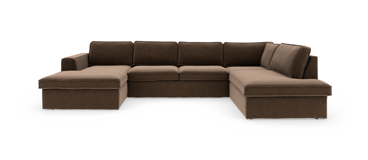 Brun U-formet modulsofa med chaiselonger i begge ender, frilagt på hvid baggrund.