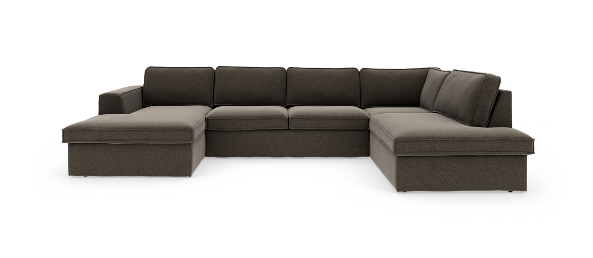 U‑formet modulsofa i mørkebrun stof, fritlagt produktbillede.