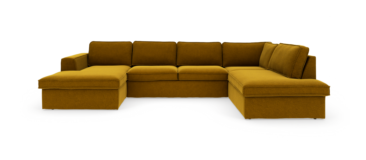 U‑formet modulsofa med chaiselonger på begge sider, sennepsgul polstring, fritlagt på hvid baggrund.