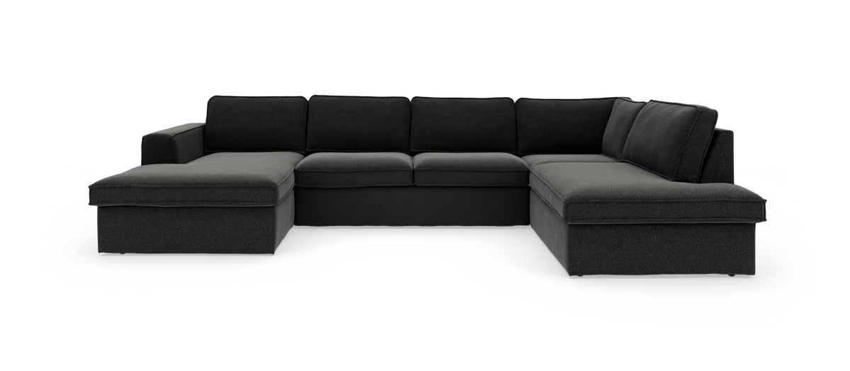 Mørkegrå U‑formet modulsofa med chaiselong på både venstre og højre side, frilagt på hvid baggrund.