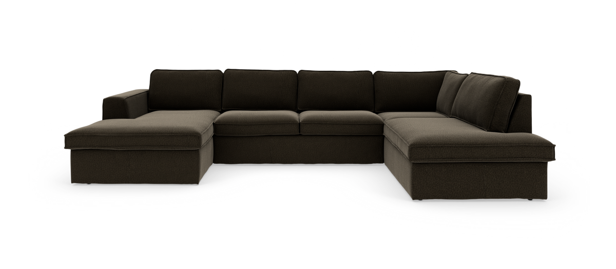Mørkebrun U-formet modulsofa med chaiselong i begge ender.