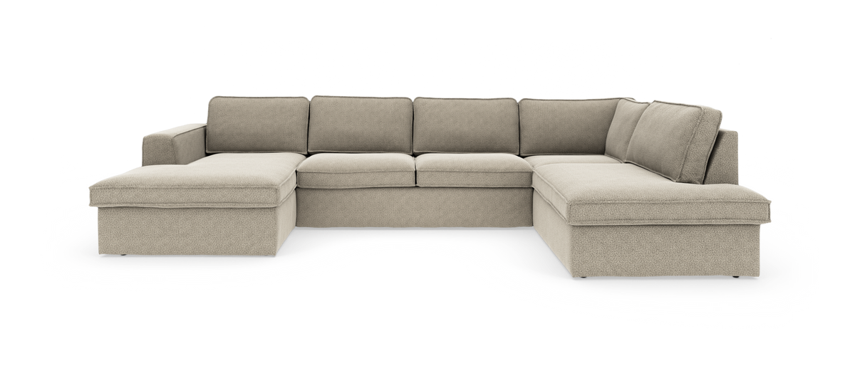 Beige U‑sofa med to chaiselonger, moderne og rummelig.