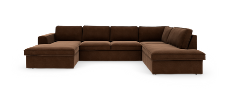 Brun U-formet modulsofa i stof med chaiselong i begge ender, fritstående mod hvid baggrund.
