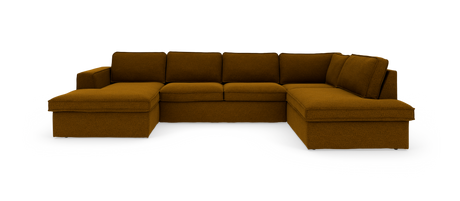 Modulær U-formet hjørnesofa i sennepsgul/brun tekstil med chaiselong i begge ender, frilagt på hvid baggrund.