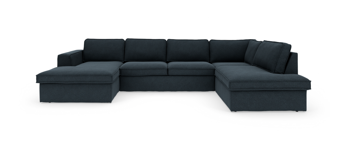 Mørkeblå U-sofa med chaiselonger i begge ender, frilagt på hvid baggrund.