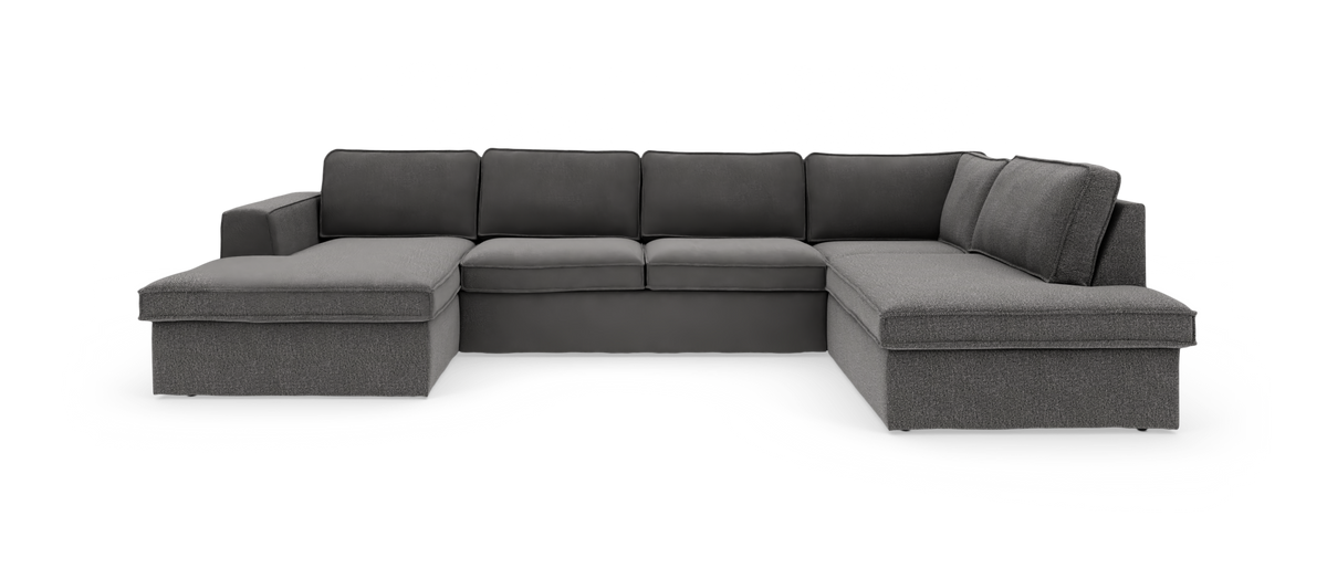 Mørkegrå U‑sofa med chaiselong i begge ender, frontvisning på hvid baggrund.