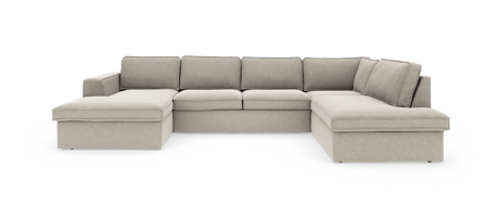 Beige U-formet modulsofa med chaiselonger på begge sider, frilagt på hvid baggrund.