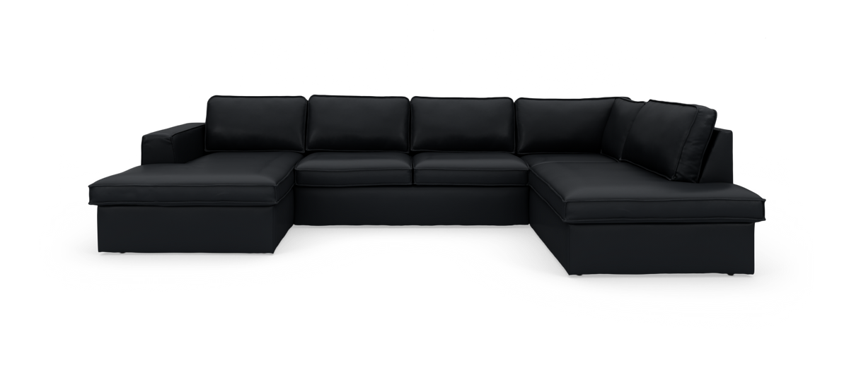Sort U‑formet modulsofa med chaiselong i begge sider, frilagt på hvid baggrund.
