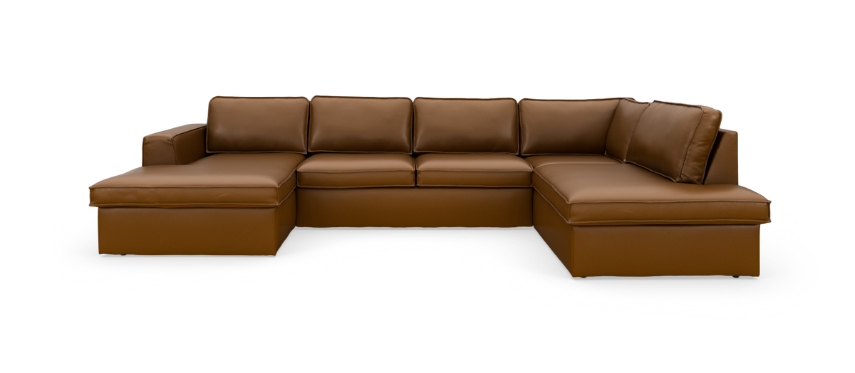 Brun U‑formet modulsofa i læder med chaiselong i begge ender, fritlagt på hvid baggrund.