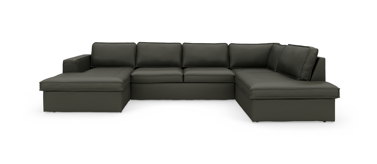 Mørkegrå modulsofa i U‑form med chaiselong i venstre og højre side, frilagt på hvid baggrund.