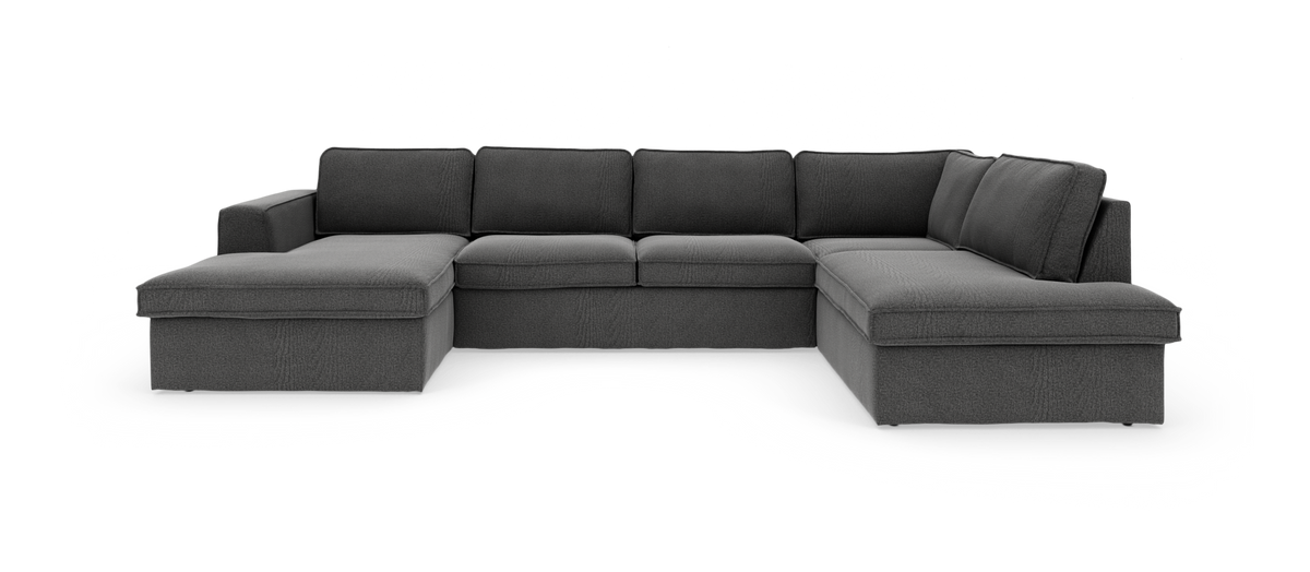 Mørkegrå U-formet modulsofa med chaiselong i begge ender, fritstående på hvid baggrund.