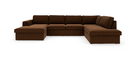 Brun U-formet modulsofa i stof med chaiselonger i begge ender, frilagt på hvid baggrund.