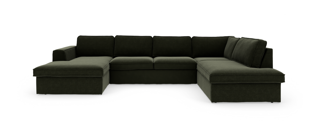 Mørkegrøn U‑sofa med chaiselong i begge ender, frilagt på hvid baggrund.
