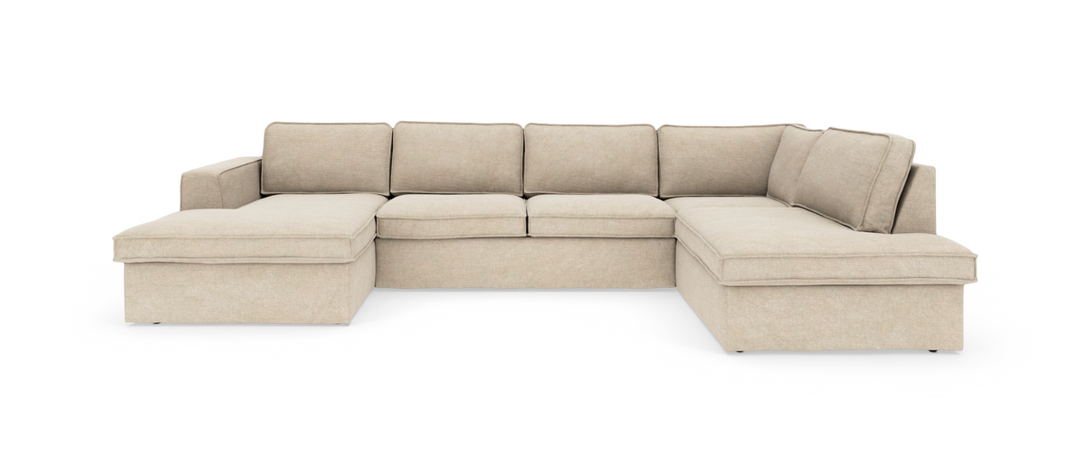 U-formet modulsofa i beige stof med chaiselong på både venstre og højre side.