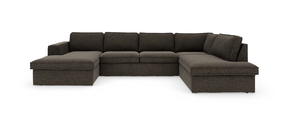 Mørkegrå U-formet modulsofa med chaiselonger på begge sider, frilagt på hvid baggrund.