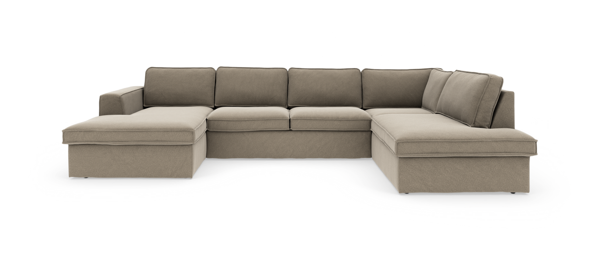 U‑formet modulsofa i beige stof med chaiselong i både venstre og højre ende.