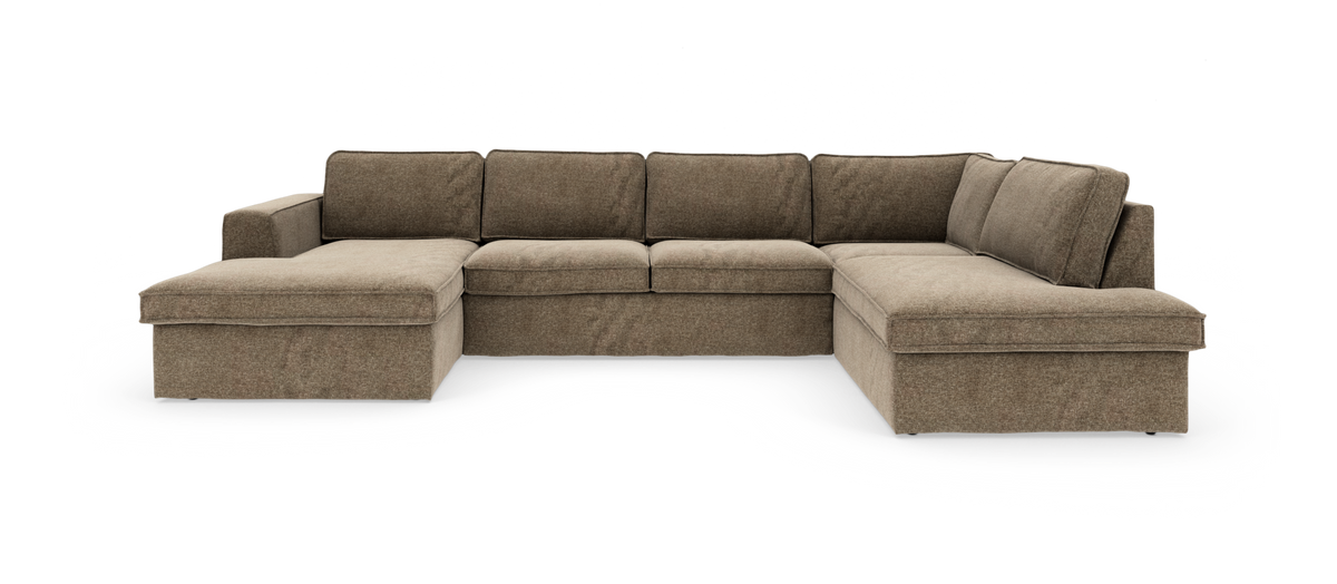 Brun U-formet modulsofa med chaiselonger på begge sider, frilagt mod hvid baggrund.