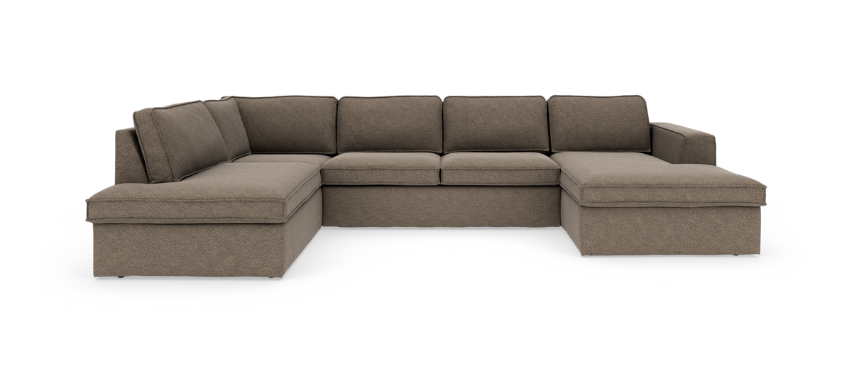 Brun U‑formet modulsofa med chaiselong i begge ender, frilagt på hvid baggrund.