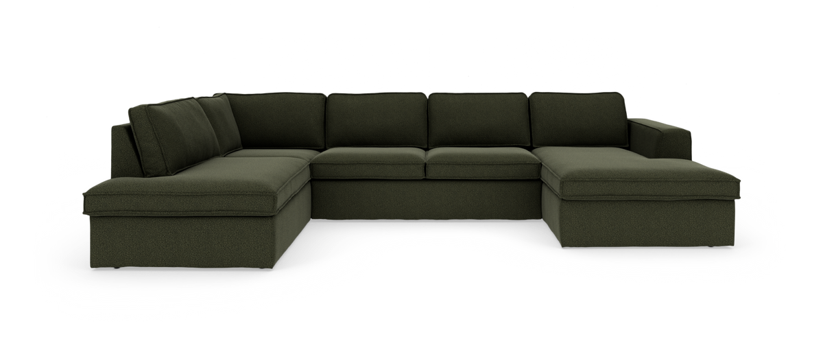 Mørkegrøn U‑formet modulsofa med chaiselong i begge ender, frilagt på hvid baggrund.