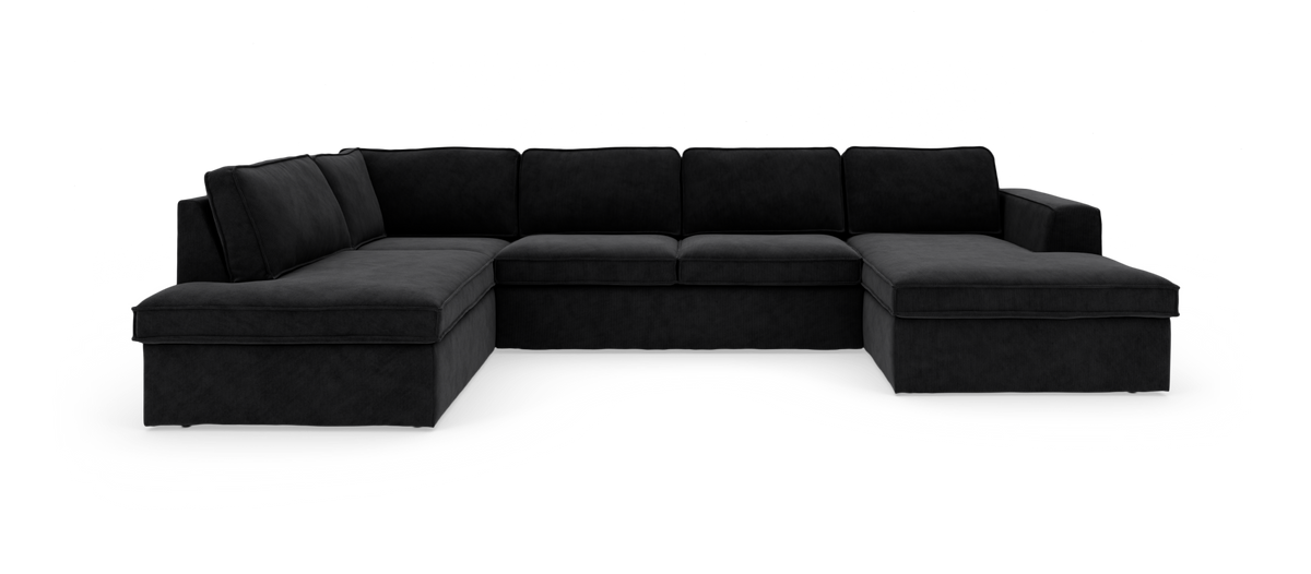 Stor U-formet modulsofa i sort stof med chaiselonger på begge sider.