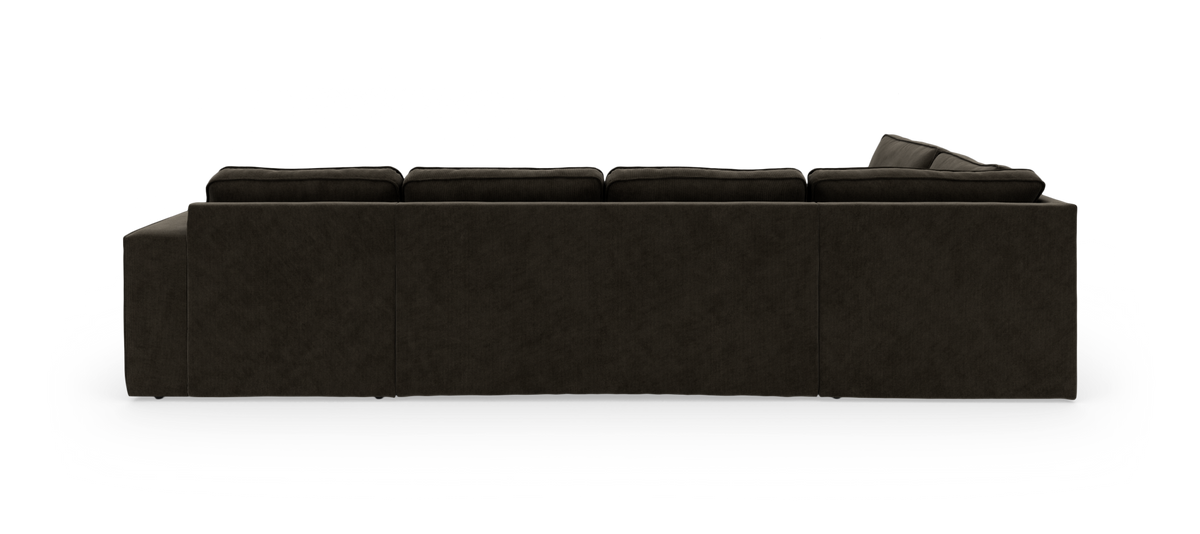 Mørkebrun modulsofa set bagfra på hvid baggrund.